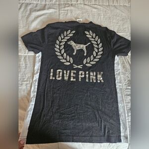 PINK Victoria's Secret Black Short-Sleeve Tee with Silver 'LOVE PINK' Crest